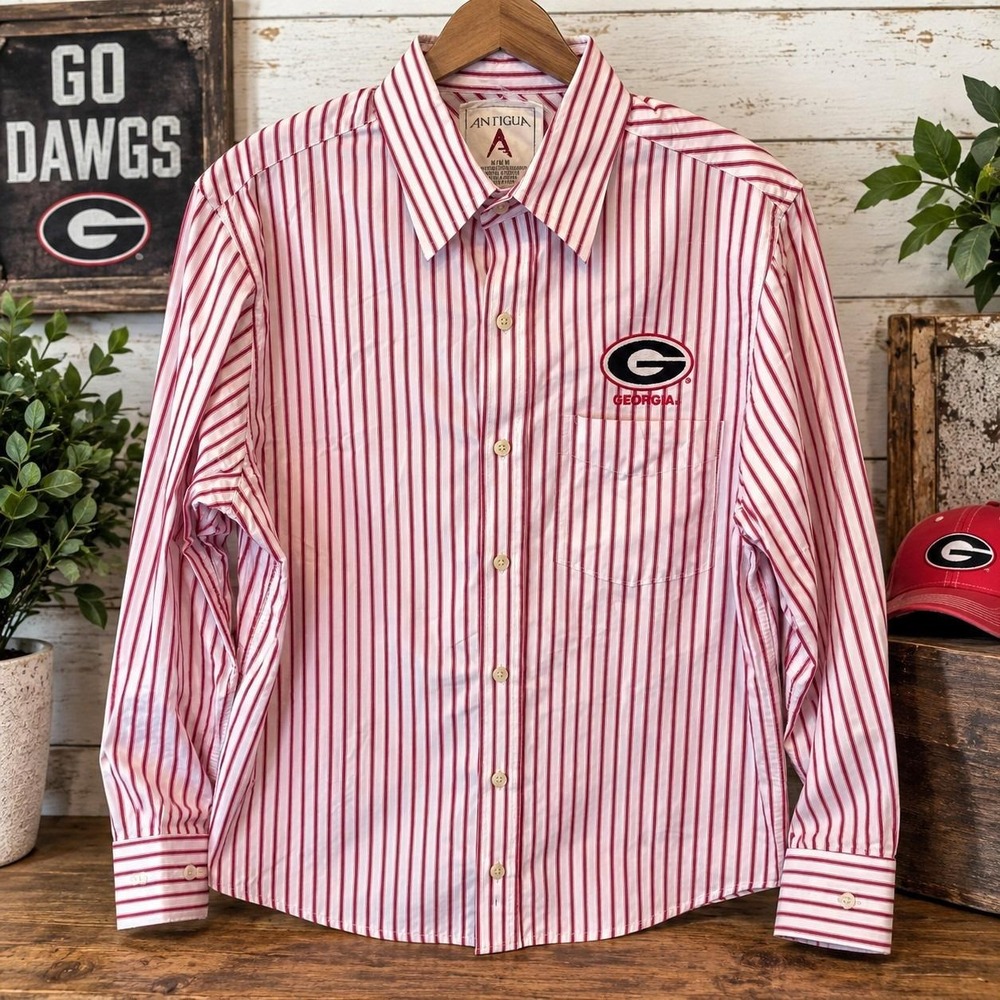 Antigua Georgia Bulldogs Men's M Button Down Shirt UGA Red White Stripe Cotton